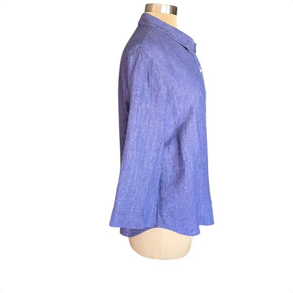 Chico's Design 100% Linen Button Up Blue Top Collared Sz LARGE Casual Minimalist - Picture 3 of 7